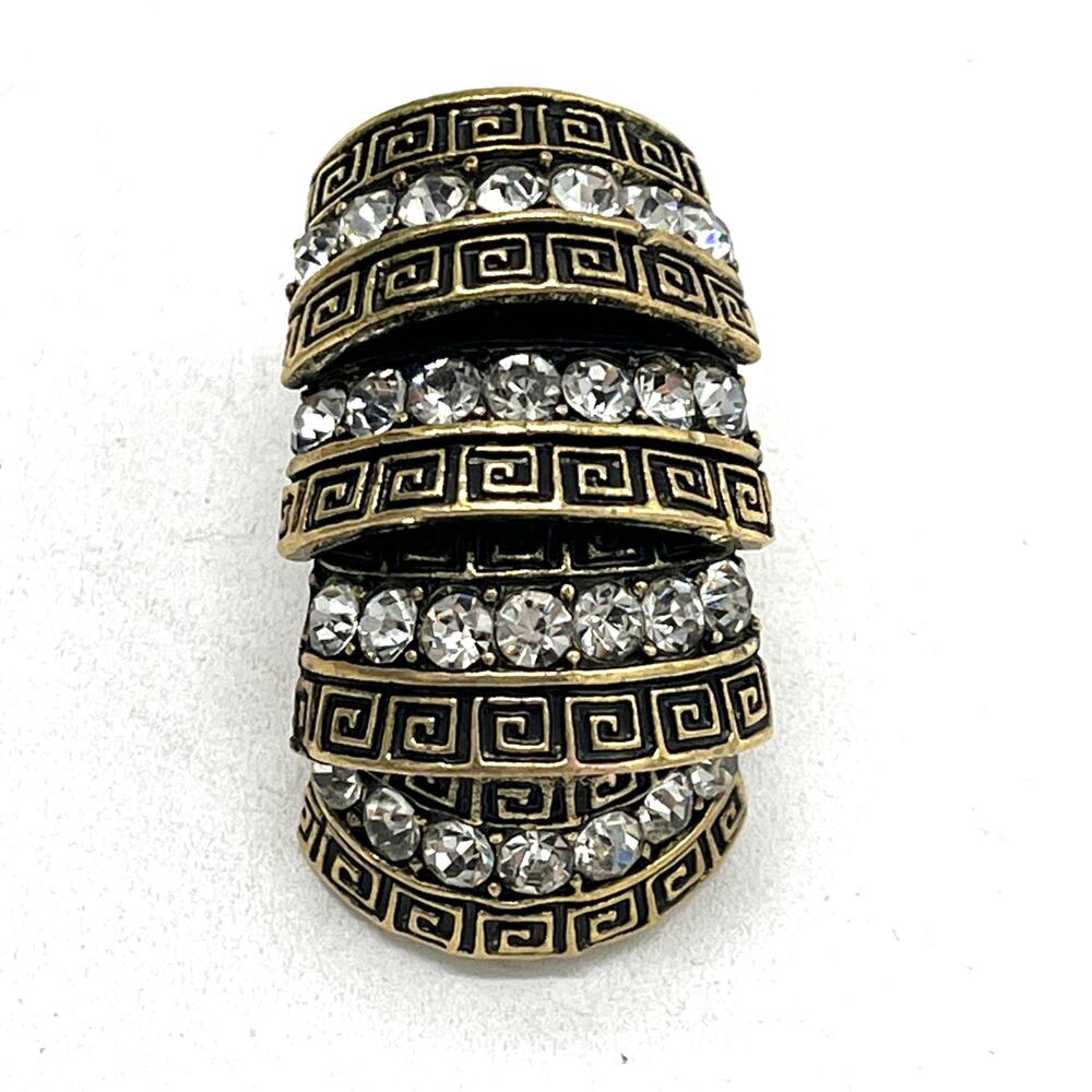 Vintage Articulated Full Finger Ring Greek Rhinestone Gold Tone Boho Statement